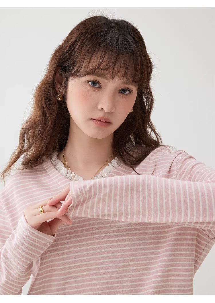 甜美粉紅條紋花邊v領T恤女春季新款寬鬆長袖上衣,甜美粉紅條紋花邊v領T恤女春季新款寬鬆長袖上衣,HBFS1028,甜美粉紅條紋花邊v領T恤女春季新款寬鬆長袖上衣,V領造型,蕾絲花邊