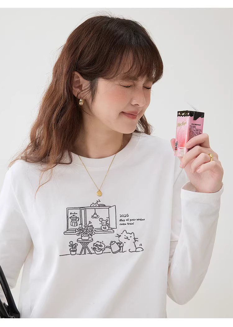 漫畫感線條圖案繡花T恤女春季新款純棉圓領上衣,漫畫感線條圖案繡花T恤女春季新款純棉圓領上衣,HBFS1030,漫畫感線條圖案繡花T恤女春季新款純棉圓領上衣,童趣印花,全棉面料