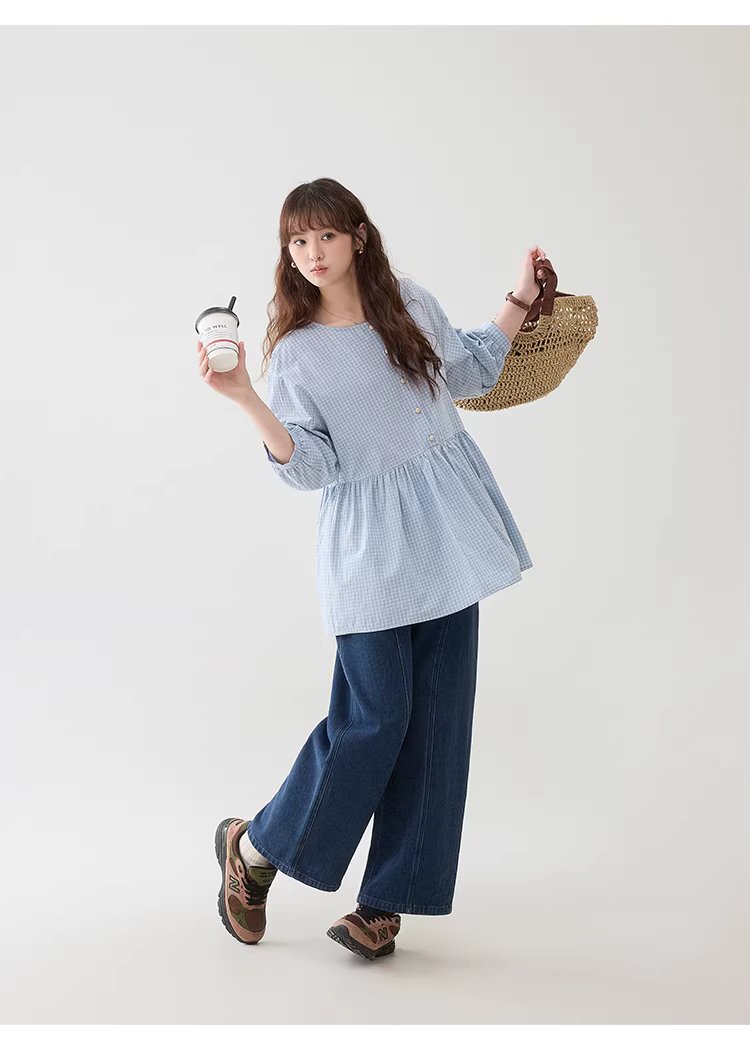 減齡八分袖純棉藍格襯衫女春新款寬鬆娃娃衫上衣,減齡八分袖純棉藍格襯衫女春新款寬鬆娃娃衫上衣,HBFS1039,減齡八分袖純棉藍格襯衫女春新款寬鬆娃娃衫上衣,清新格紋,全棉面料