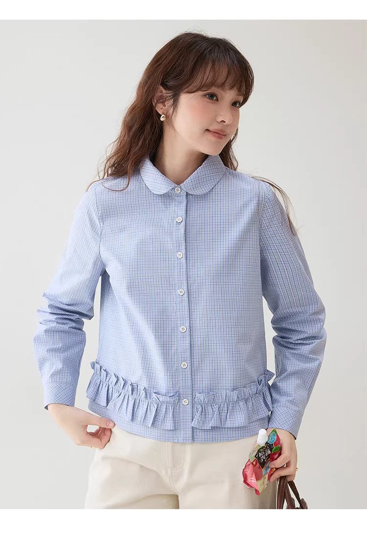 藍格荷葉邊娃娃領襯衫女春季新款純棉長袖短上衣,藍格荷葉邊娃娃領襯衫女春季新款純棉長袖短上衣,HBFS1049,藍格荷葉邊娃娃領襯衫女春季新款純棉長袖短上衣,荷葉衣襬,全棉面料