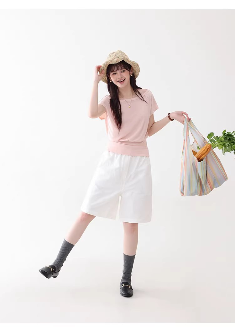 一字領收腰顯瘦寬鬆T恤女夏季新款粉紅短袖上衣,一字領收腰顯瘦寬鬆T恤女夏季新款粉紅短袖上衣,HBFS1052,一字領收腰顯瘦寬鬆T恤女夏季新款粉紅短袖上衣,青春休閒,天絲混棉