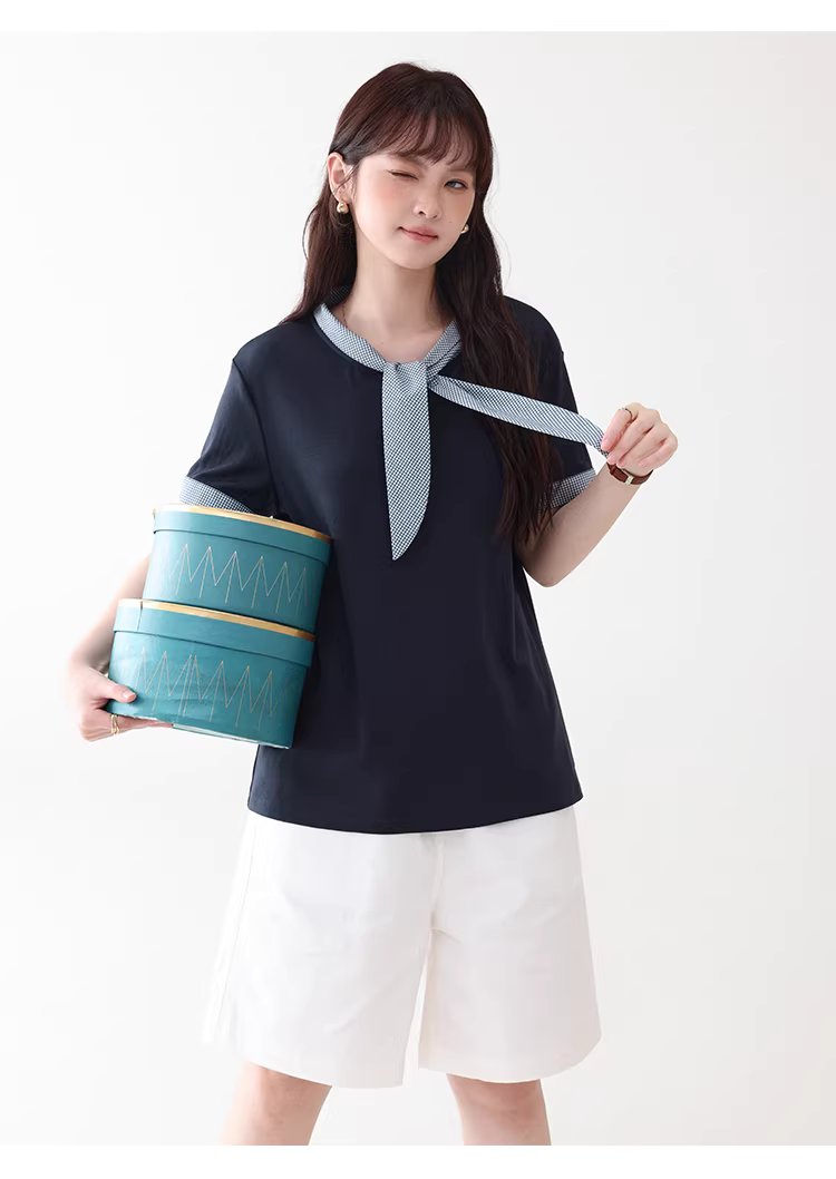 拼接格紋綁帶領短袖T恤女夏季新款時尚減齡上衣,拼接格紋綁帶領短袖T恤女夏季新款時尚減齡上衣,HBFS1053,拼接格紋綁帶領短袖T恤女夏季新款時尚減齡上衣,領結造型,舒適面料