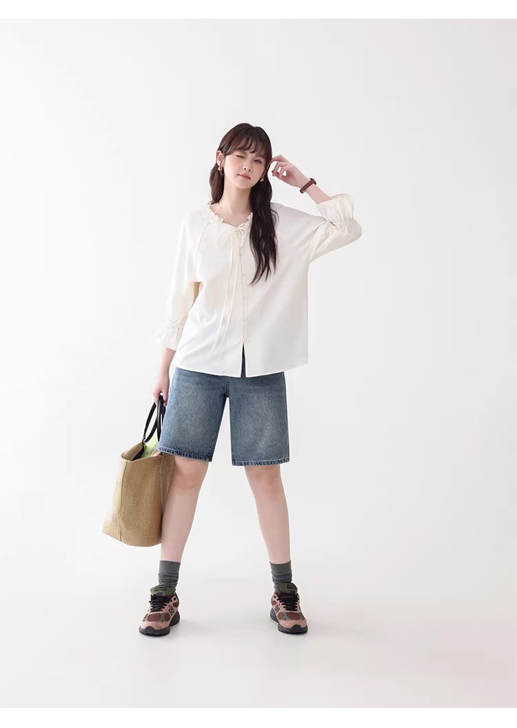 法式木耳邊綁帶V領襯衫女夏新款七分袖羈扣上衣,法式木耳邊綁帶V領襯衫女夏新款七分袖羈扣上衣,HBFS1055,法式木耳邊綁帶V領襯衫女夏新款七分袖羈扣上衣,法式甜美,木耳邊