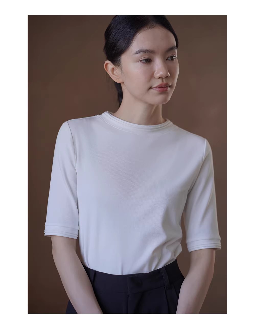 精緻加持舒適線上塔克線圓領合身彈性中袖通勤顯瘦T恤女,精緻加持舒適線上塔克線圓領合身彈性中袖通勤顯瘦T恤女,HBFS1063,精緻加持舒適線上塔克線圓領合身彈性中袖通勤顯瘦T恤女,內搭單穿,親膚透氣