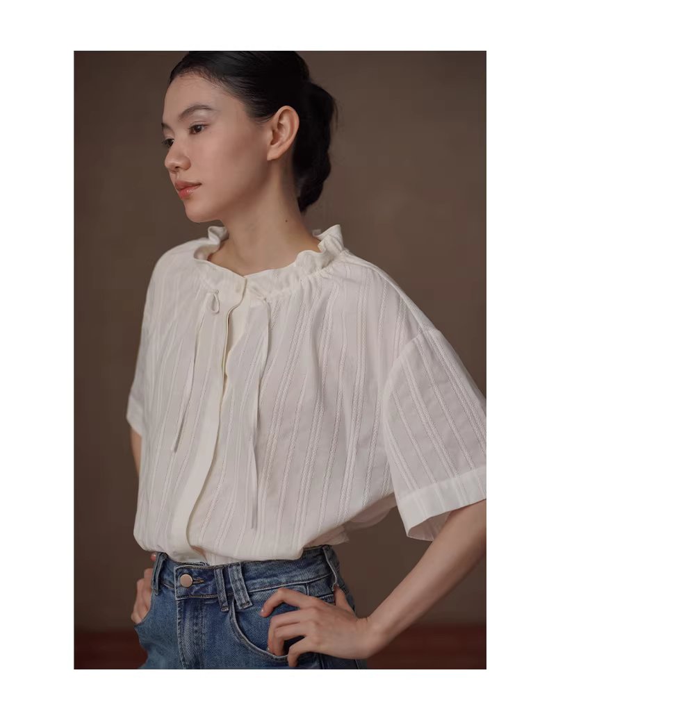 法式花邊立領亞麻棉混紡立體繡花豎條紋寬鬆短袖襯衫女,法式花邊立領亞麻棉混紡立體繡花豎條紋寬鬆短袖襯衫女,HBFS1066,法式花邊立領亞麻棉混紡立體繡花豎條紋寬鬆短袖襯衫女,立體花紋,法式剪裁