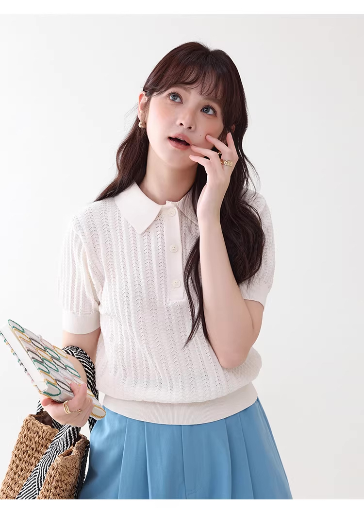 溫柔純色polo領鏤空針織衫女26夏季新款透氣短袖上衣,溫柔純色polo領鏤空針織衫女26夏季新款透氣短袖上衣,HBFS1090,溫柔純色polo領鏤空針織衫女26夏季新款透氣短袖上衣,半開翻領,簍空提花