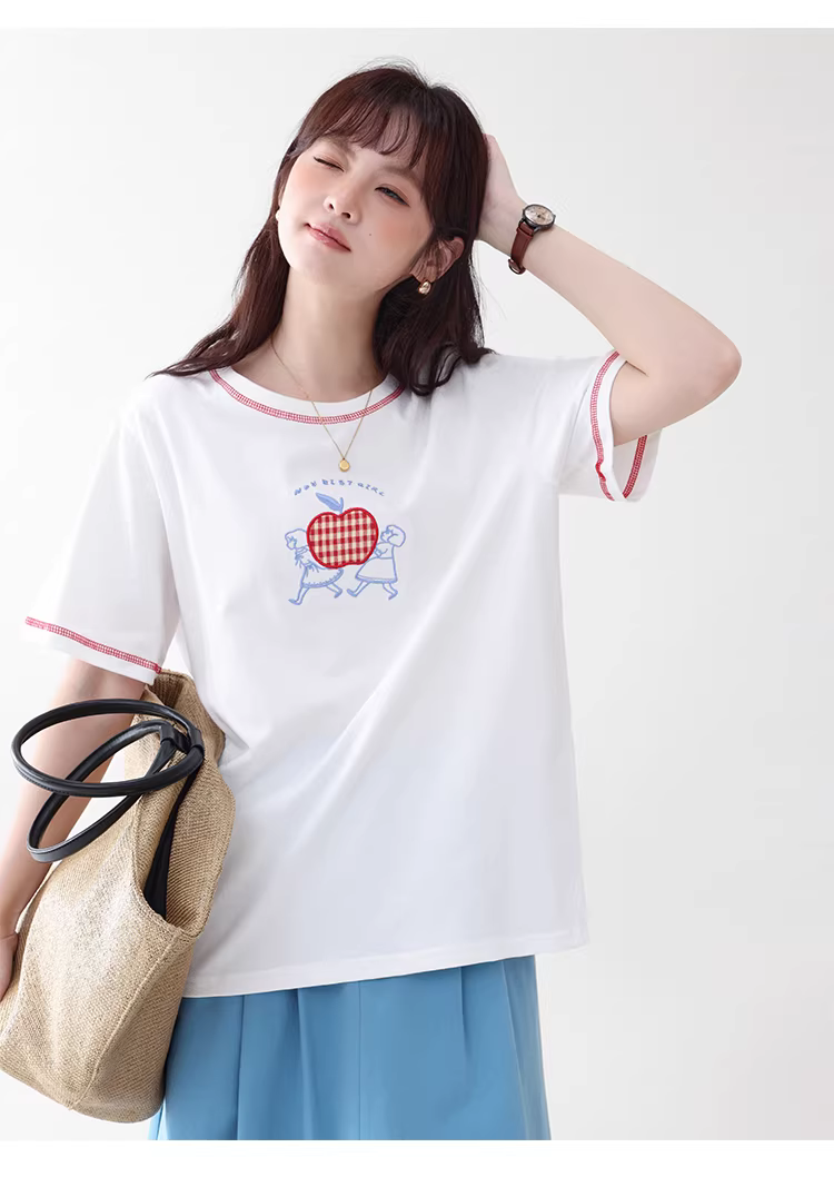 卡通刺繡反線純棉短袖T恤女夏新款少女感寬鬆上衣,卡通刺繡反線純棉短袖T恤女夏新款少女感寬鬆上衣,HBFS1091,卡通刺繡反線純棉短袖T恤女夏新款少女感寬鬆上衣,童趣刺繡,全棉面料