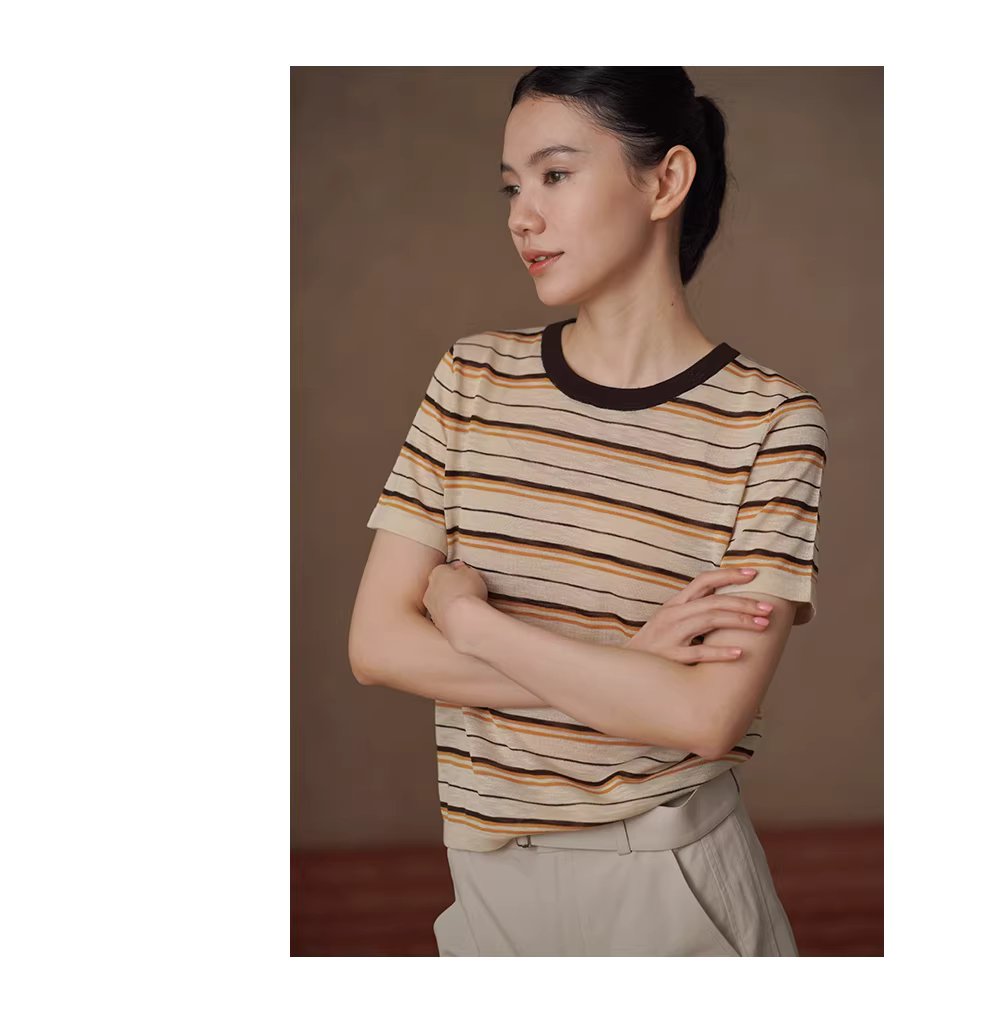 沙灘條紋超爽竹節麻紗線撞色圓領短袖寬鬆顯瘦針織上衣,沙灘條紋超爽竹節麻紗線撞色圓領短袖寬鬆顯瘦針織上衣,HBFS1095,沙灘條紋超爽竹節麻紗線撞色圓領短袖寬鬆顯瘦針織上衣,舒適清爽,撞色領口