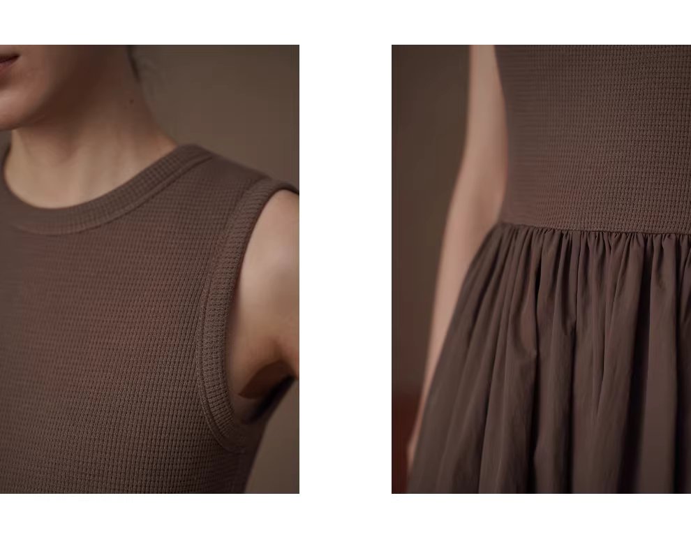 桑莓華夫格拼接高支棉混紡扭褶高腰顯瘦背心蓬蓬連身裙,桑莓華夫格拼接高支棉混紡扭褶高腰顯瘦背心蓬蓬連身裙,HBFS7041,桑莓華夫格拼接高支棉混紡扭褶高腰顯瘦背心蓬蓬連身裙,透氣不悶,高腰傘裙