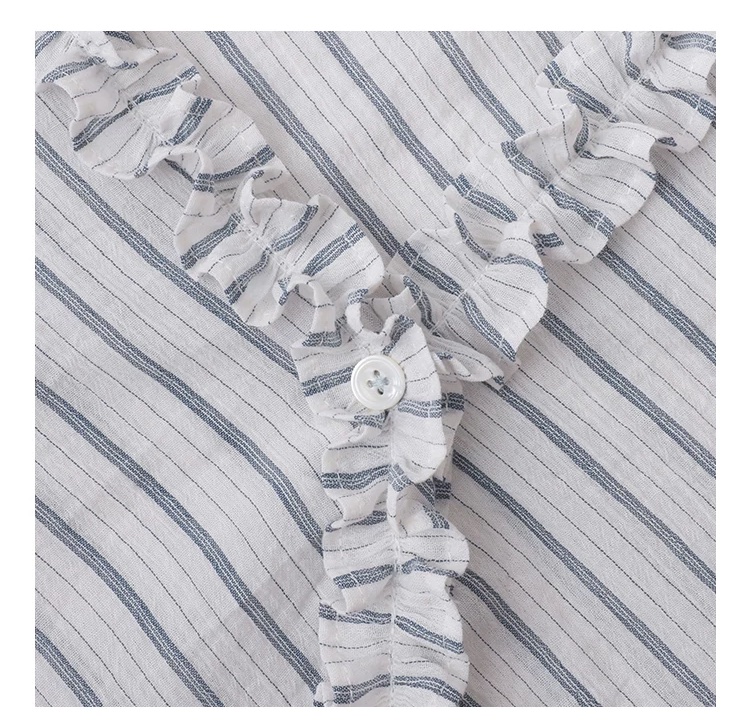 藍條紋v領木耳邊襯衫女夏季新款純棉五分袖上衣,藍條紋v領木耳邊襯衫女夏季新款純棉五分袖上衣,HBFS1098,藍條紋v領木耳邊襯衫女夏季新款純棉五分袖上衣,荷葉邊領,全棉面料