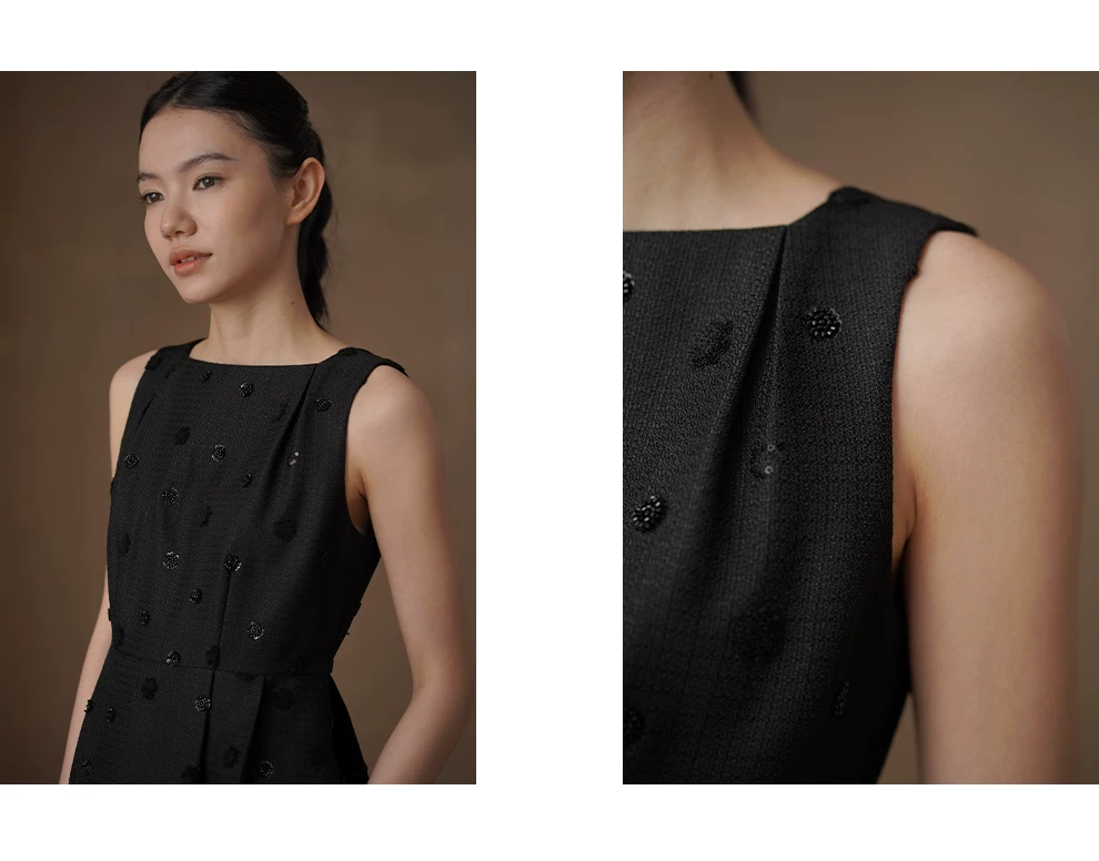 超重工立體繡花手工釘珠收腰一字領顯瘦短款無袖洋裝,超重工立體繡花手工釘珠收腰一字領顯瘦短款無袖洋裝,HBFS7049,超重工立體繡花手工釘珠收腰一字領顯瘦短款無袖洋裝,小香氣質,立體繡珠