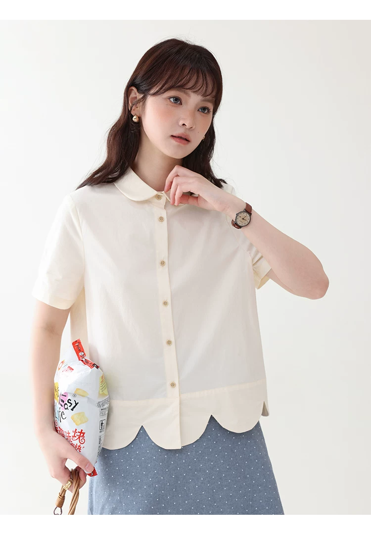 設計感波浪下擺純棉襯衫女夏新款減齡娃娃領上衣,設計感波浪下擺純棉襯衫女夏新款減齡娃娃領上衣,HBFS1112,設計感波浪下擺純棉襯衫女夏新款減齡娃娃領上衣,花邊衣襬,全棉面料