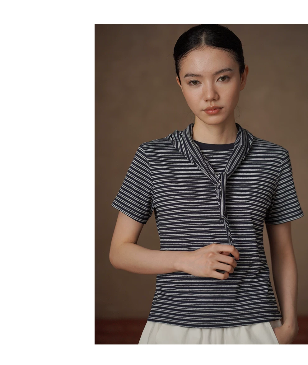 經典海魂條紋領巾短袖高支長絨棉軟糯圓領寬鬆T恤上衣女,經典海魂條紋領巾短袖高支長絨棉軟糯圓領寬鬆T恤上衣女,HBFS1127,經典海魂條紋領巾短袖高支長絨棉軟糯圓領寬鬆T恤上衣女,穿搭自如,假兩件層次