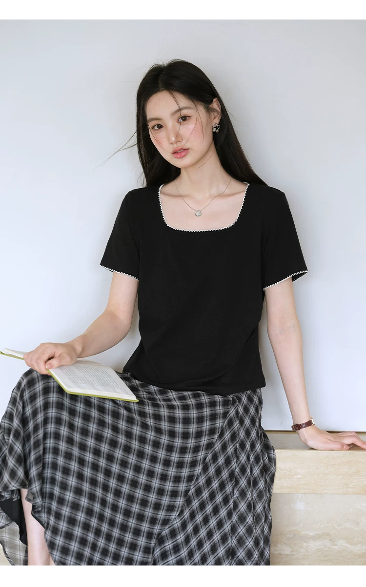 胖mm大尺碼女裝方領正肩短袖T恤女2026新款夏季法式黑色上衣,胖mm大尺碼女裝方領正肩短袖T恤女2026新款夏季法式黑色上衣,HBFS1167,胖mm大尺碼女裝方領正肩短袖T恤女2026新款夏季法式黑色上衣,方領設計,撞色拼接