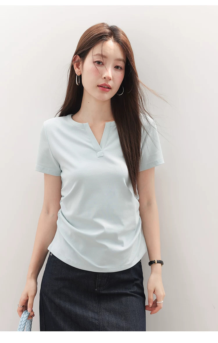 大尺碼胖mm巨好看正肩短袖T恤女2026新款夏裝抽褶淺藍色上衣,大尺碼胖mm巨好看正肩短袖T恤女2026新款夏裝抽褶淺藍色上衣,HBFS1182,大尺碼胖mm巨好看正肩短袖T恤女2026新款夏裝抽褶淺藍色上衣,半開V領,腰間抓褶