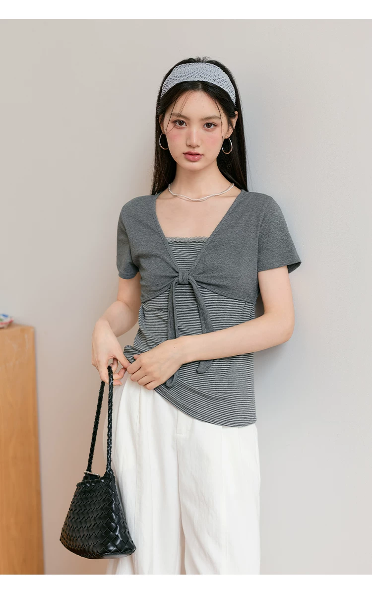 大尺碼假兩件綁帶條紋T恤女2026新款夏季正肩灰色短袖上衣女,大尺碼假兩件綁帶條紋T恤女2026新款夏季正肩灰色短袖上衣女,HBFS1218,大尺碼假兩件綁帶條紋T恤女2026新款夏季正肩灰色短袖上衣女,中大尺碼,綁帶造型