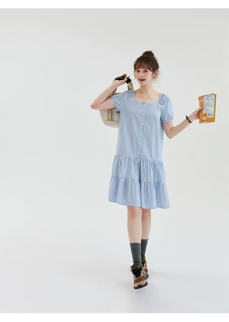 藍色格紋方領短袖洋裝女夏季新款甜美純棉短裙,藍色格紋方領短袖洋裝女夏季新款甜美純棉短裙,HBFS7131,藍色格紋方領短袖洋裝女夏季新款甜美純棉短裙,方領設計,全棉面料
