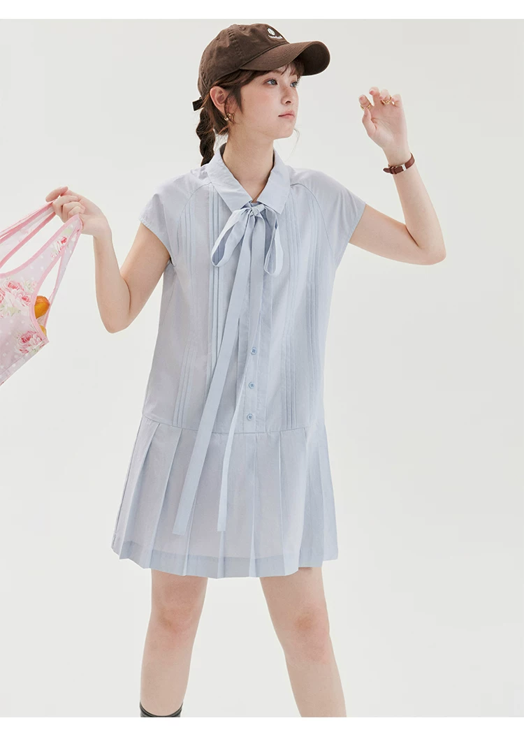 藍色萊賽爾百褶洋裝女夏季新款少女感短袖短裙,藍色萊賽爾百褶洋裝女夏季新款少女感短袖短裙,HBFS7144,藍色萊賽爾百褶洋裝女夏季新款少女感短袖短裙,綁帶衣領,天絲混棉