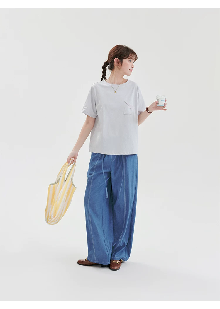 藍色仿牛仔壓線休閒褲女夏季新款鬆緊腰寬長褲,藍色仿牛仔壓線休閒褲女夏季新款鬆緊腰寬長褲,HBFS3074,藍色仿牛仔壓線休閒褲女夏季新款鬆緊腰寬長褲,高腰寬褲,外縫線設計