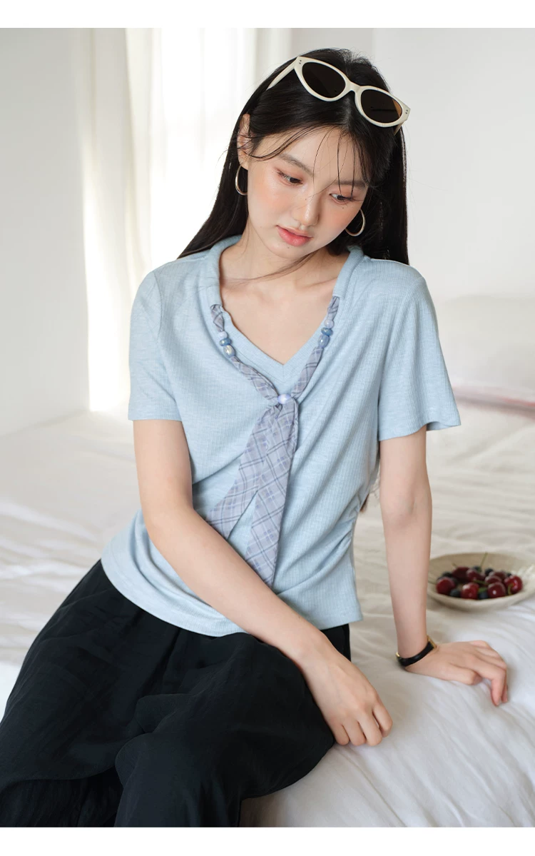 大尺碼法式飄帶V領短袖T恤女2026新款顯瘦夏裝正肩藍色上衣女,大尺碼法式飄帶V領短袖T恤女2026新款顯瘦夏裝正肩藍色上衣女,HBFS1313,大尺碼法式飄帶V領短袖T恤女2026新款顯瘦夏裝正肩藍色上衣女,中大尺碼,飄帶領結
