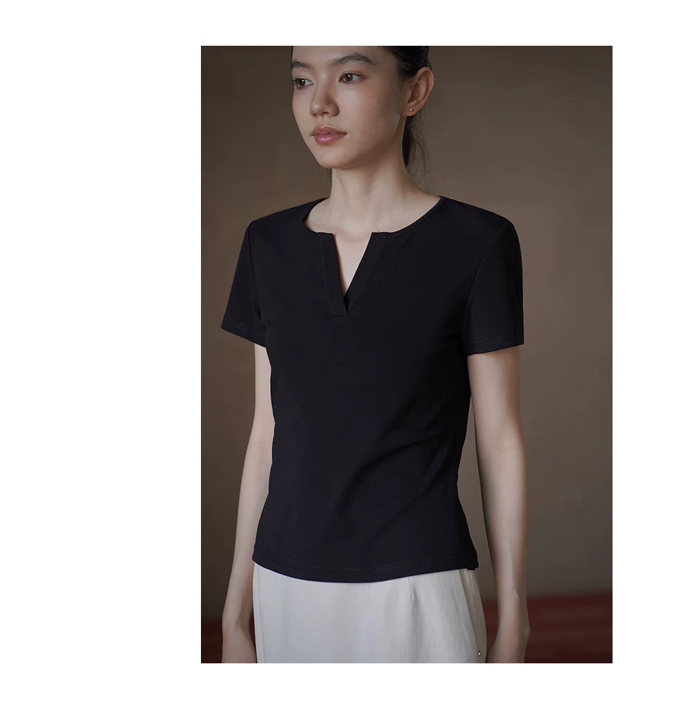 彈性緊緻高支棉簡約圓V領正肩基礎款顯瘦短袖通勤T恤女,彈性緊緻高支棉簡約圓V領正肩基礎款顯瘦短袖通勤T恤女,HBFS1372,彈性緊緻高支棉簡約圓V領正肩基礎款顯瘦短袖通勤T恤女,彈性合身,開岔V領
