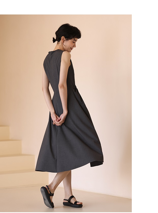 氣質女主高腰線扭結通勤瘦身遮肉連身裙洋裝,長洋裝,洋裝,無袖,輕甜,高雅