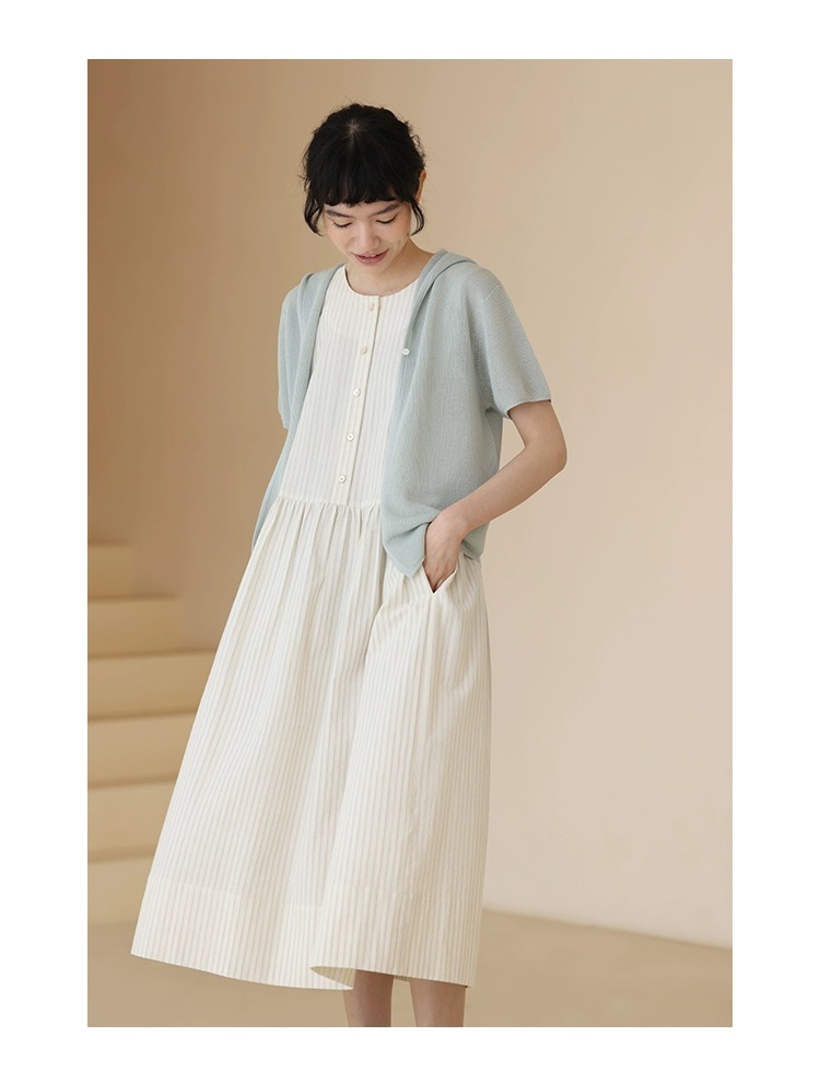 清新藤條色織條紋鹽縮工藝肌理寬鬆背心連身裙洋裝