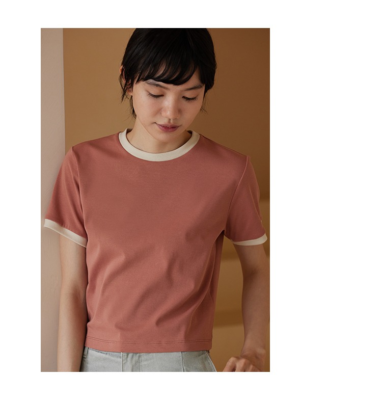 清甜蜜柚粉顯白舒適高彈優棉減齡撞色圓領顯瘦短袖T恤上衣
