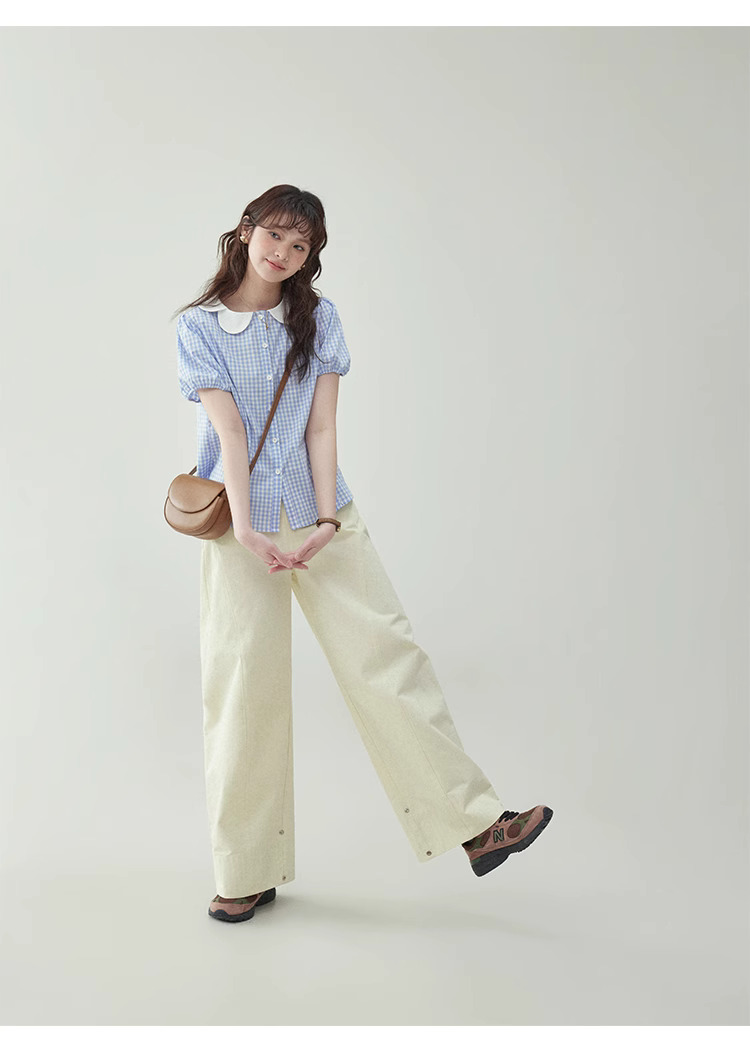 甜美藍格帶扣娃娃領純棉襯衫女夏季泡泡短袖上衣