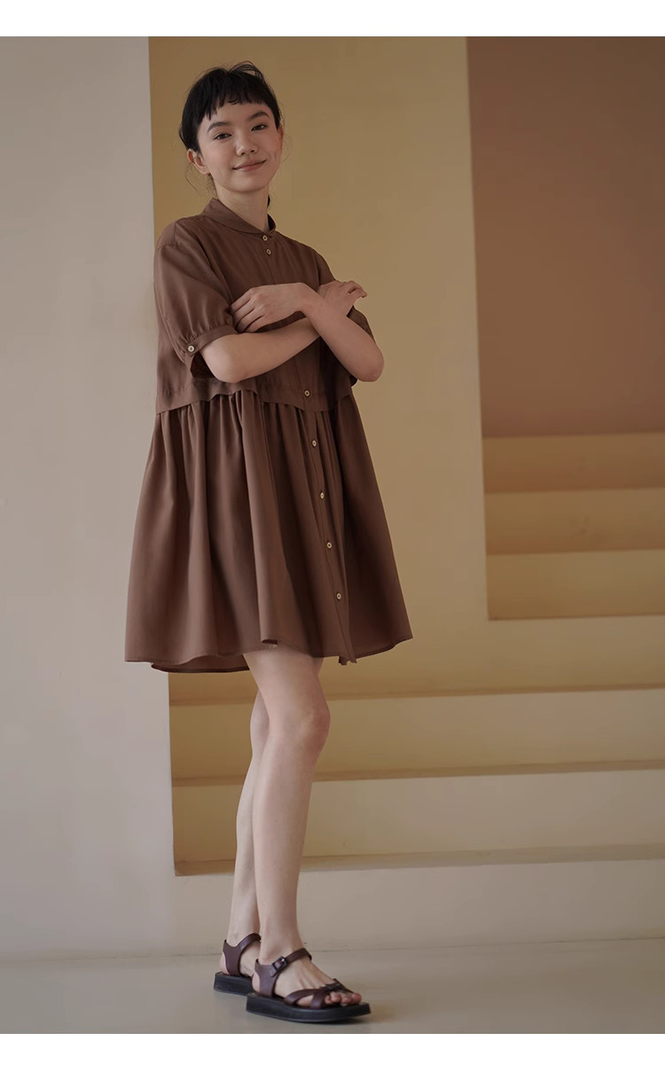 復古烤肉桂洋裝精緻小翻領寬鬆垂順顯瘦A字短裙女