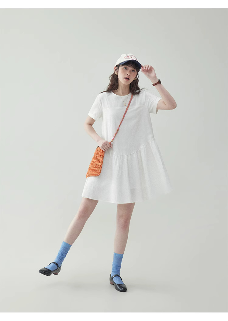 法式白色寬鬆短袖連身裙女25夏季新款小個子短裙