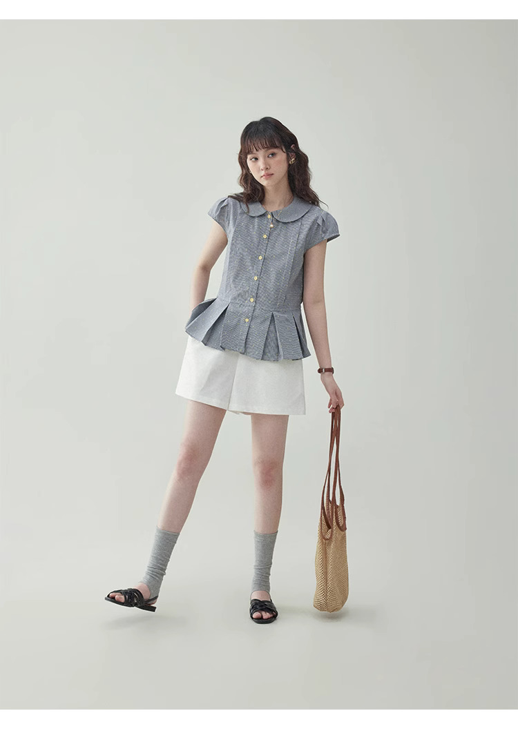 拼色格紋娃娃領波點襯衫女夏季新款減齡百褶上衣