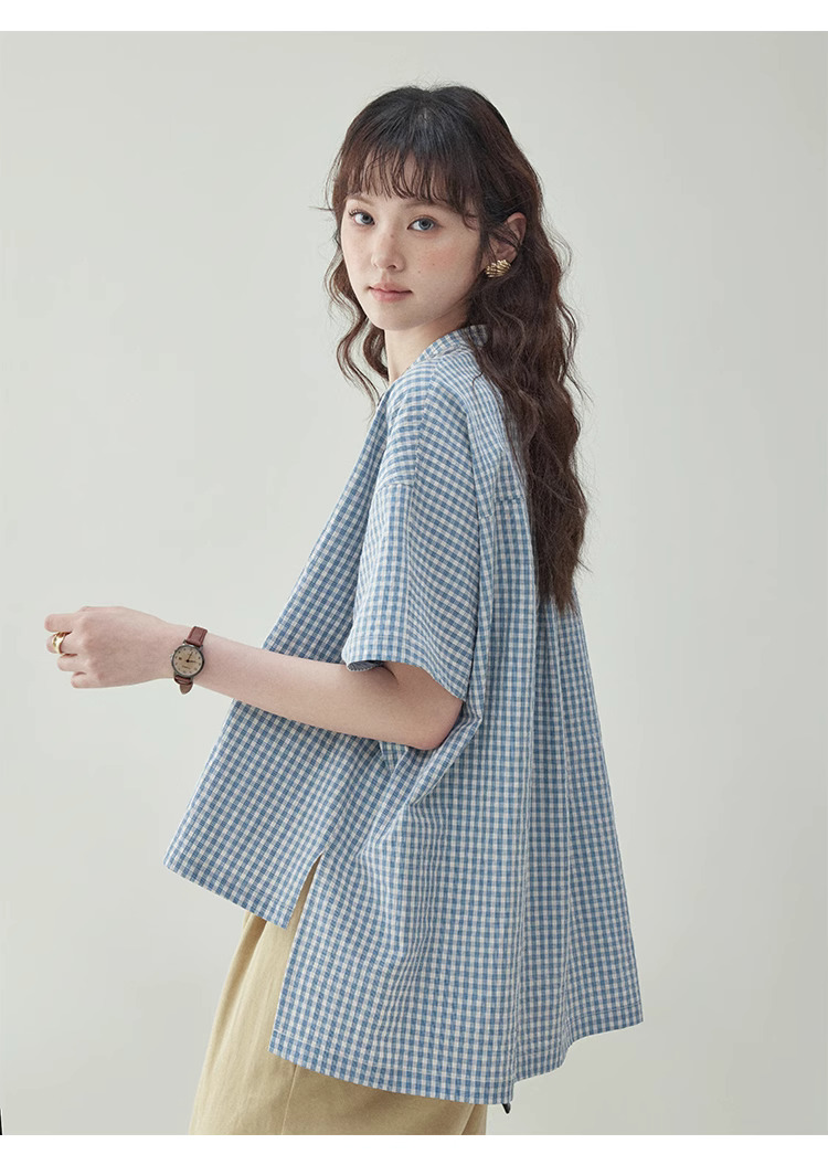 藍格紋不規則蝙蝠袖襯衫女夏季新款寬鬆套頭上衣