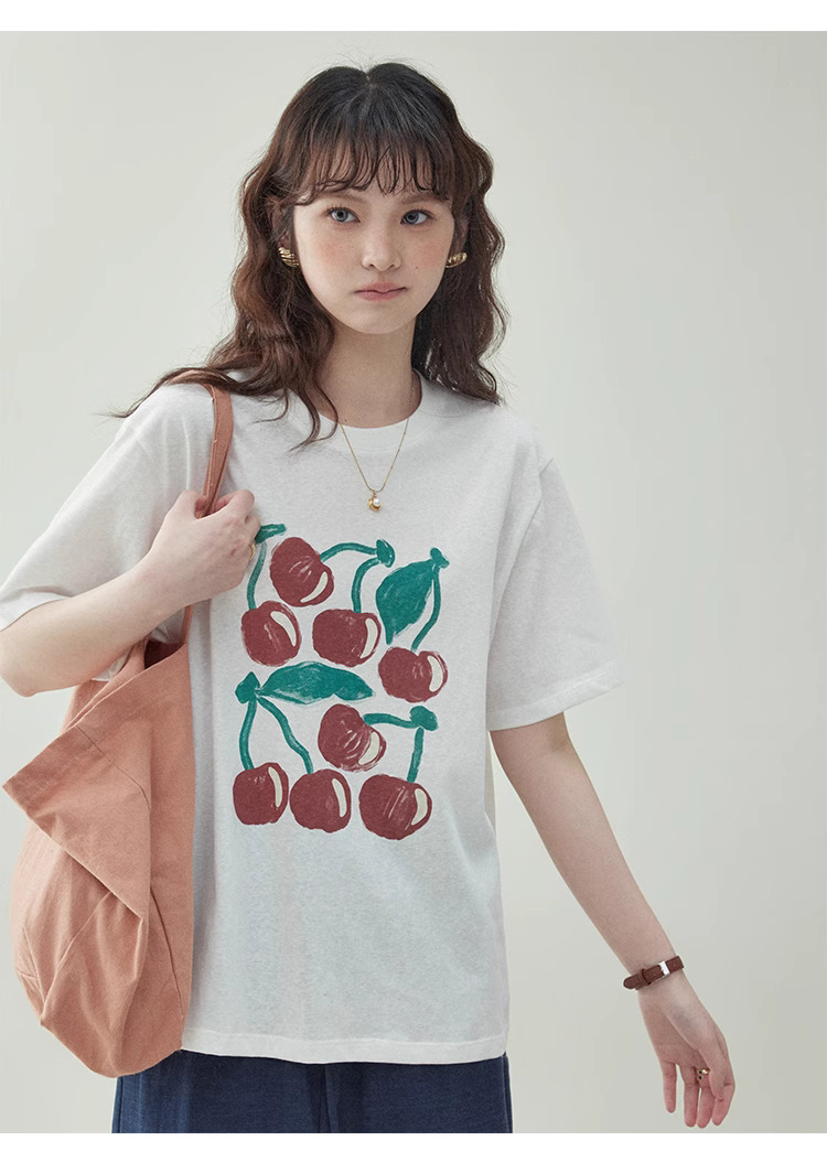 拼色櫻桃印花純棉短袖t卹女夏新款寬鬆百搭上衣
