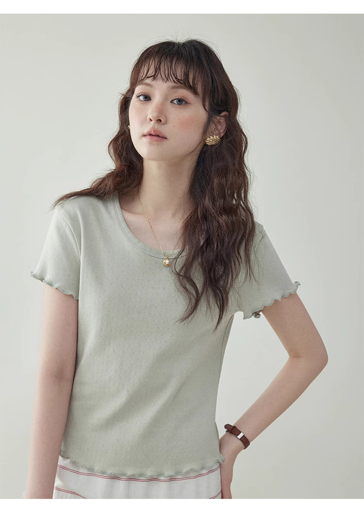 木耳邊純棉短袖提花t卹女夏新款純色短上衣