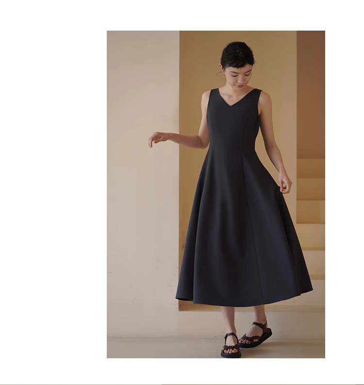 搖曳漫步優雅洋裝無袖V領收腰立裁遮肉大裙擺通勤裙子