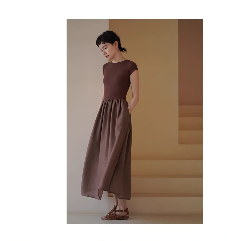 顯白特調赭紅彈性針織拼接大裙擺合身顯瘦梨形洋裝女