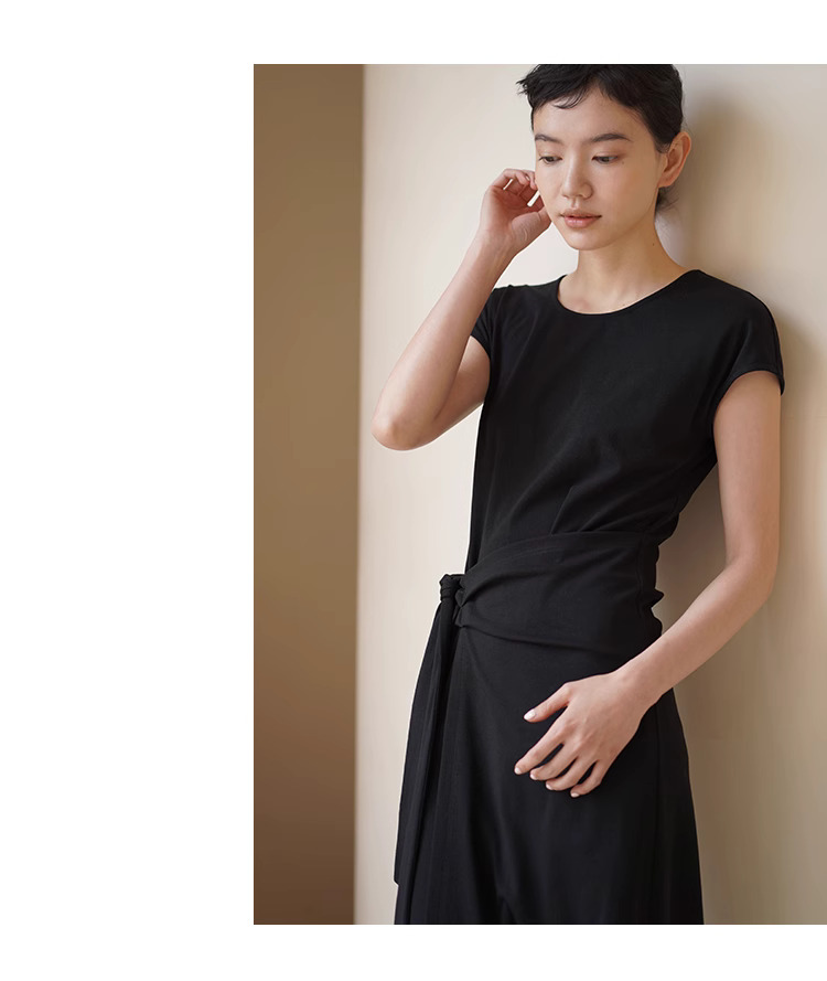 設計師通勤中彈性針織顯瘦圍裹式收腰綁帶圓領洋裝女