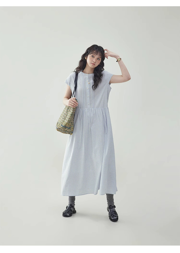 藍格紋花苞袖純棉洋裝女夏季新款寬鬆減齡長裙