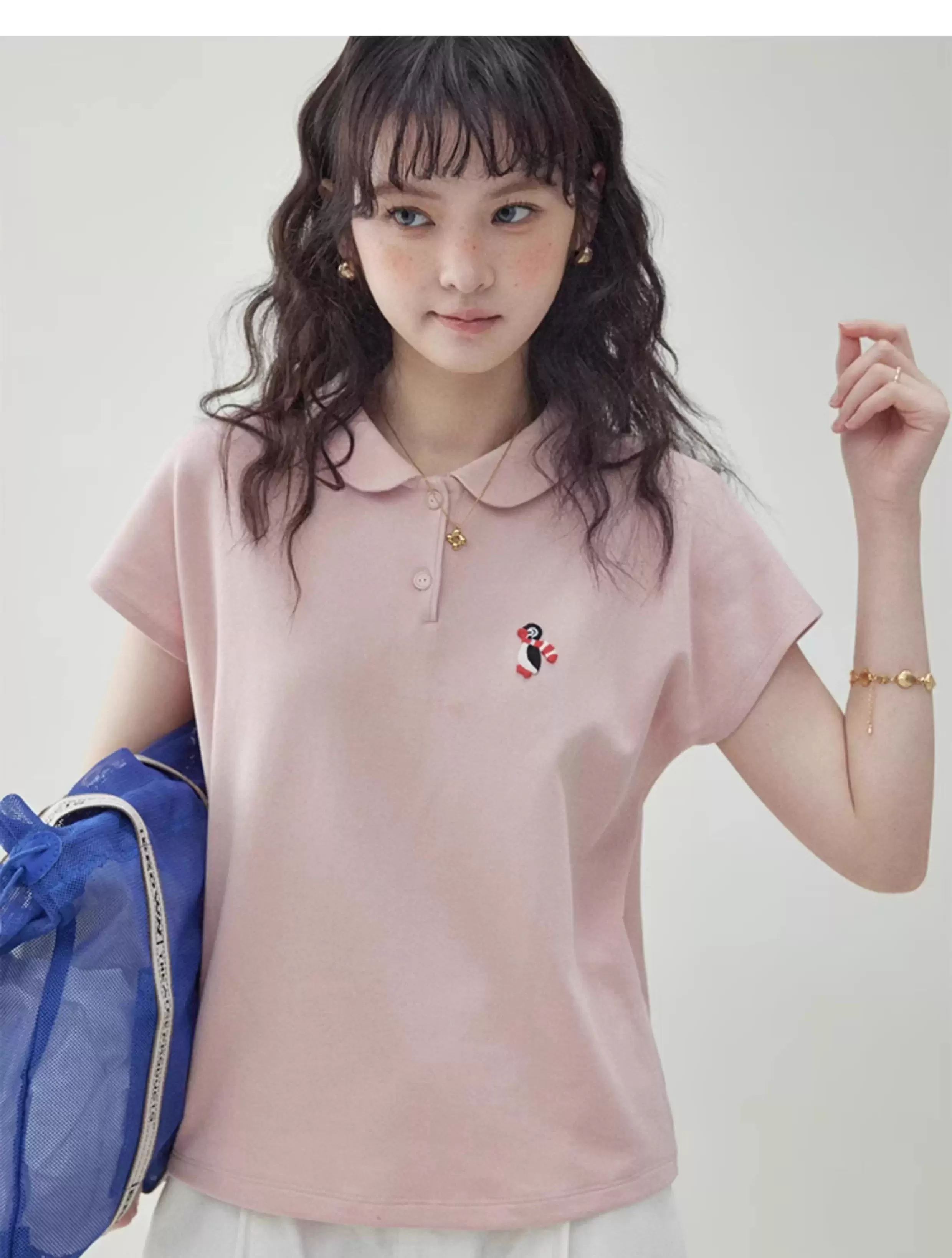 粉紅娃娃領企鵝刺繡T恤女夏季新款減齡短袖上衣