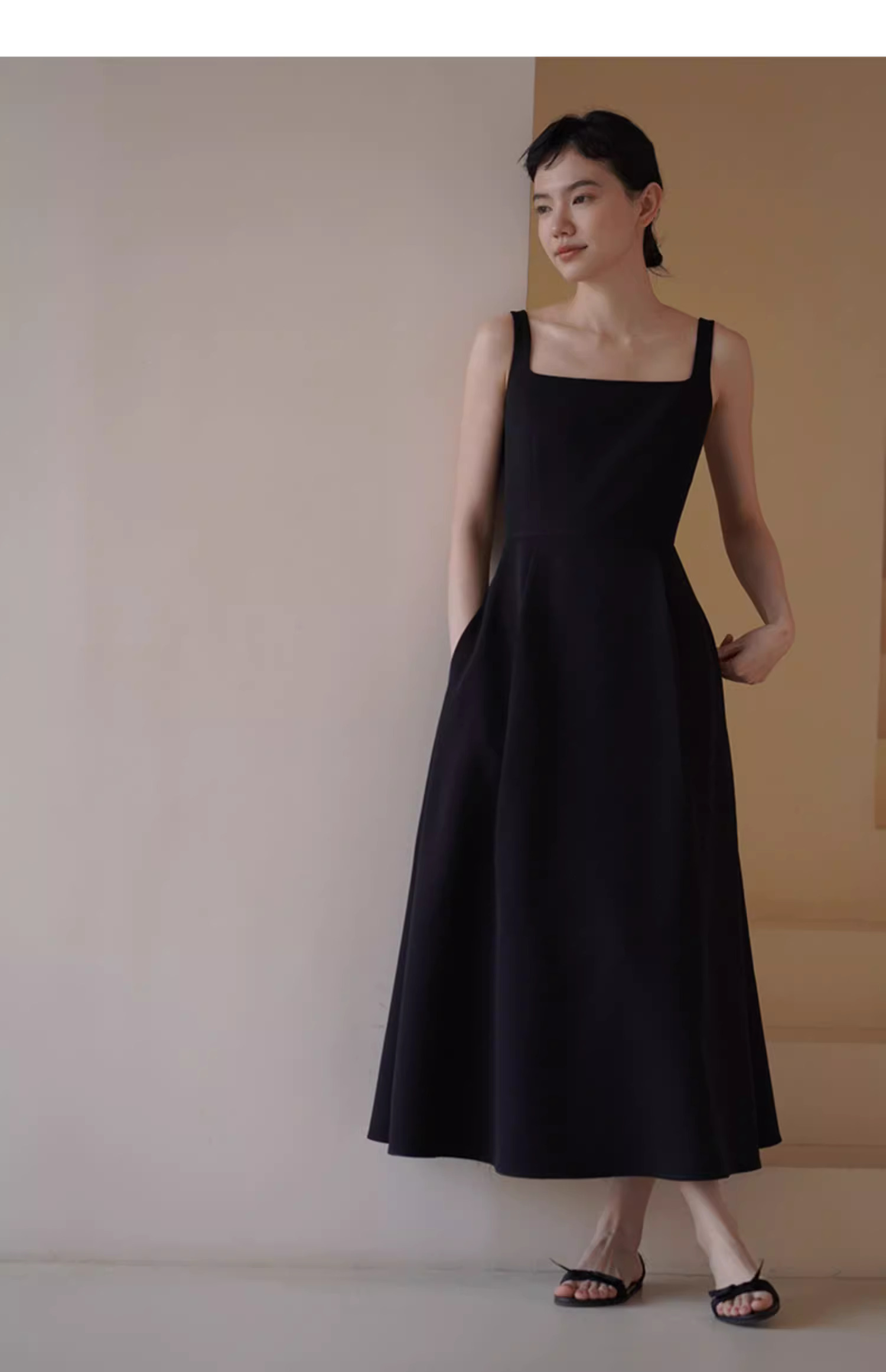 優雅赫本風小黑裙高腰分割拼接氣質方領背心A字洋裝女
