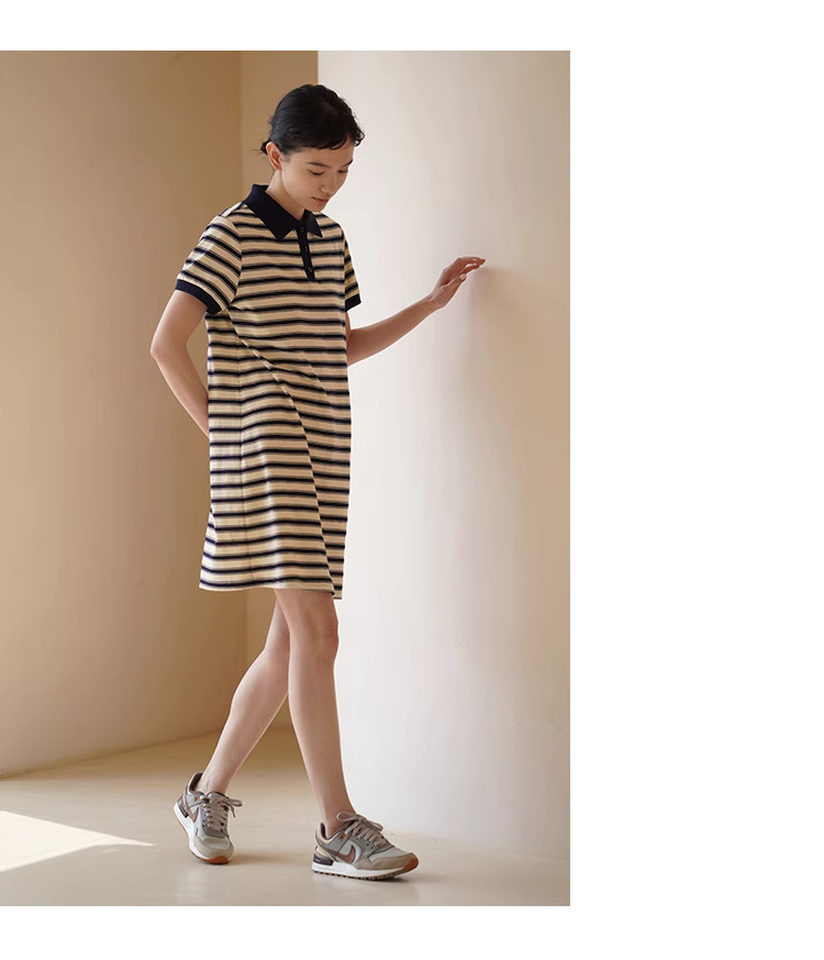 美式條紋日洋裝24支雙紗平紋棉混紡顯瘦撞色Polo裙女