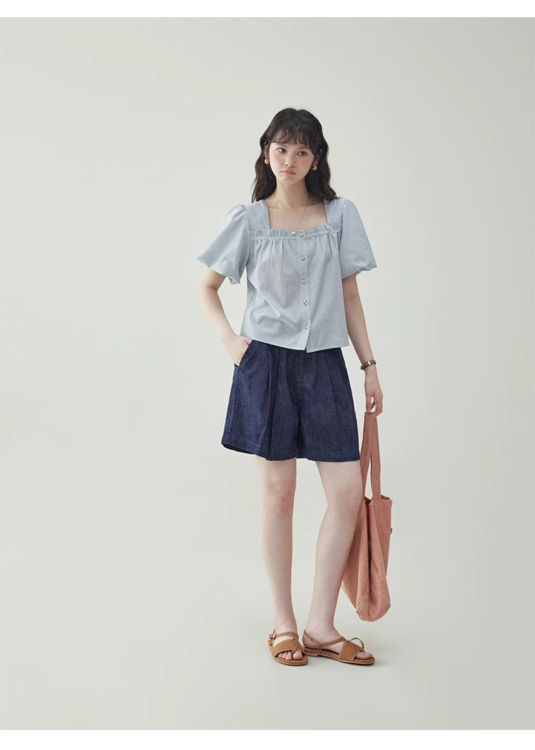 韓系深色高腰寬腿休閒牛仔褲女夏季新款寬鬆壓褶短褲