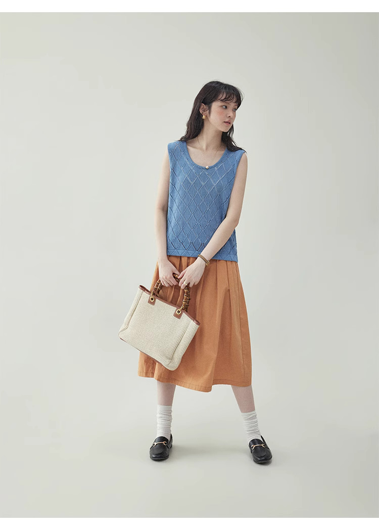 藍色菱格鏤空背心針織衫女夏季新款寬鬆無袖上衣