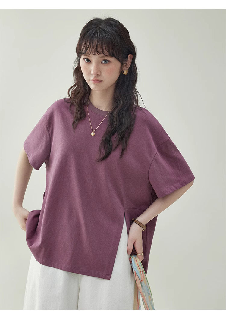 復古純色開叉短袖T恤女夏季新款設計感寬鬆上衣
