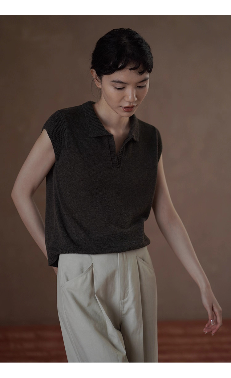 苔痕雨季透氣輕薄亞麻棉紗線Polo領針織顯瘦短袖上衣女