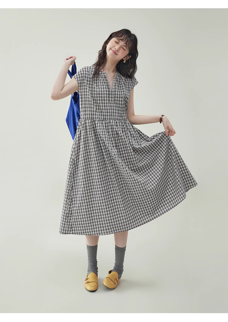 黑格抽繩v領純棉洋裝女夏季新款a字短袖中長裙