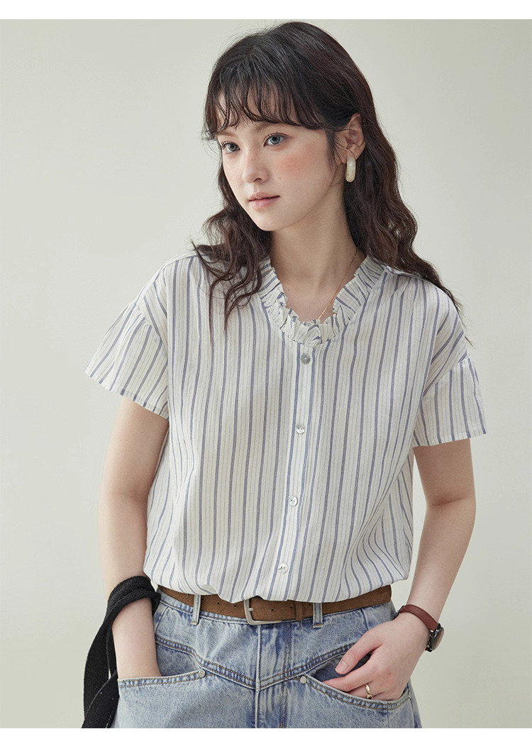 清爽豎紋花邊領短袖襯衫女夏季新款純棉寬鬆上衣