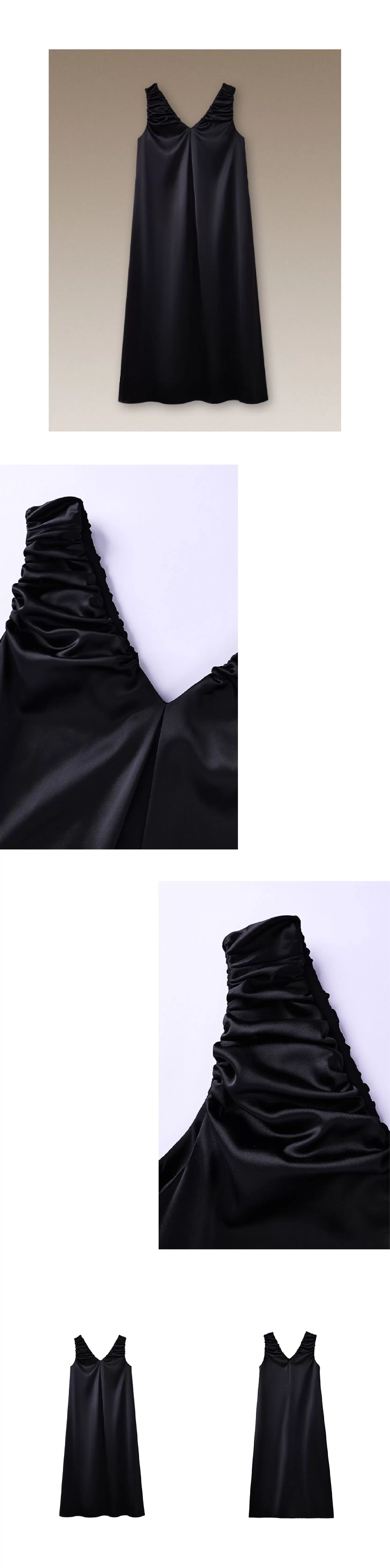 貴氣質感緞面簡約法式V領洋裝手工扭褶肩帶寬鬆背心裙