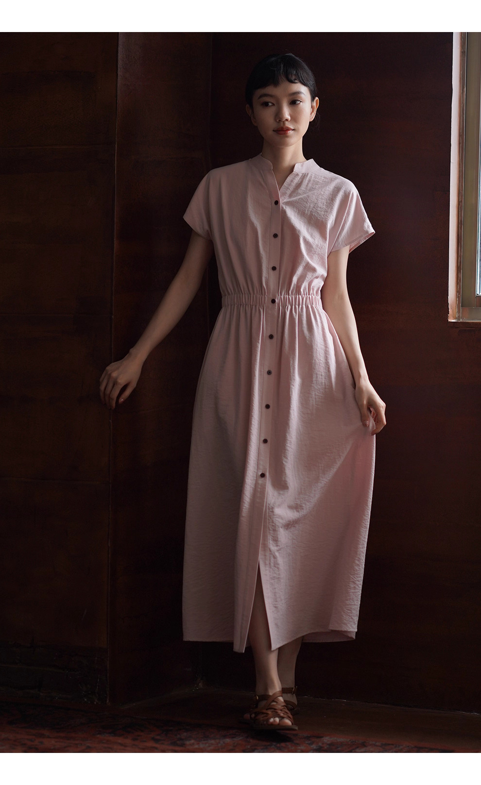 冰透粉晶洋裝寬鬆收腰短袖長撞色釦子立領襯衫裙子